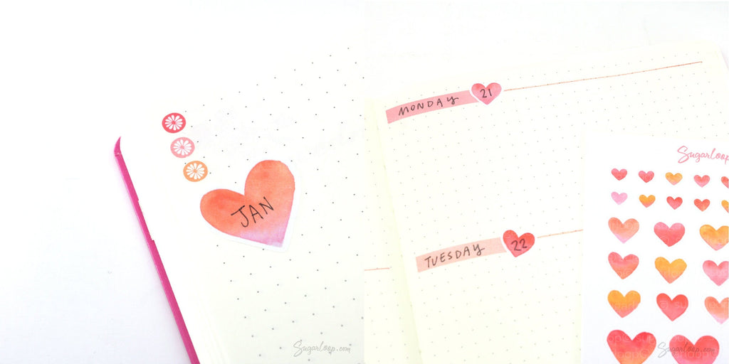 Watercolor Heart Bujo Planner Stickers: 1in (25mm) 0.75in (19mm) 0.5in (12mm) 0.25in (6mm)