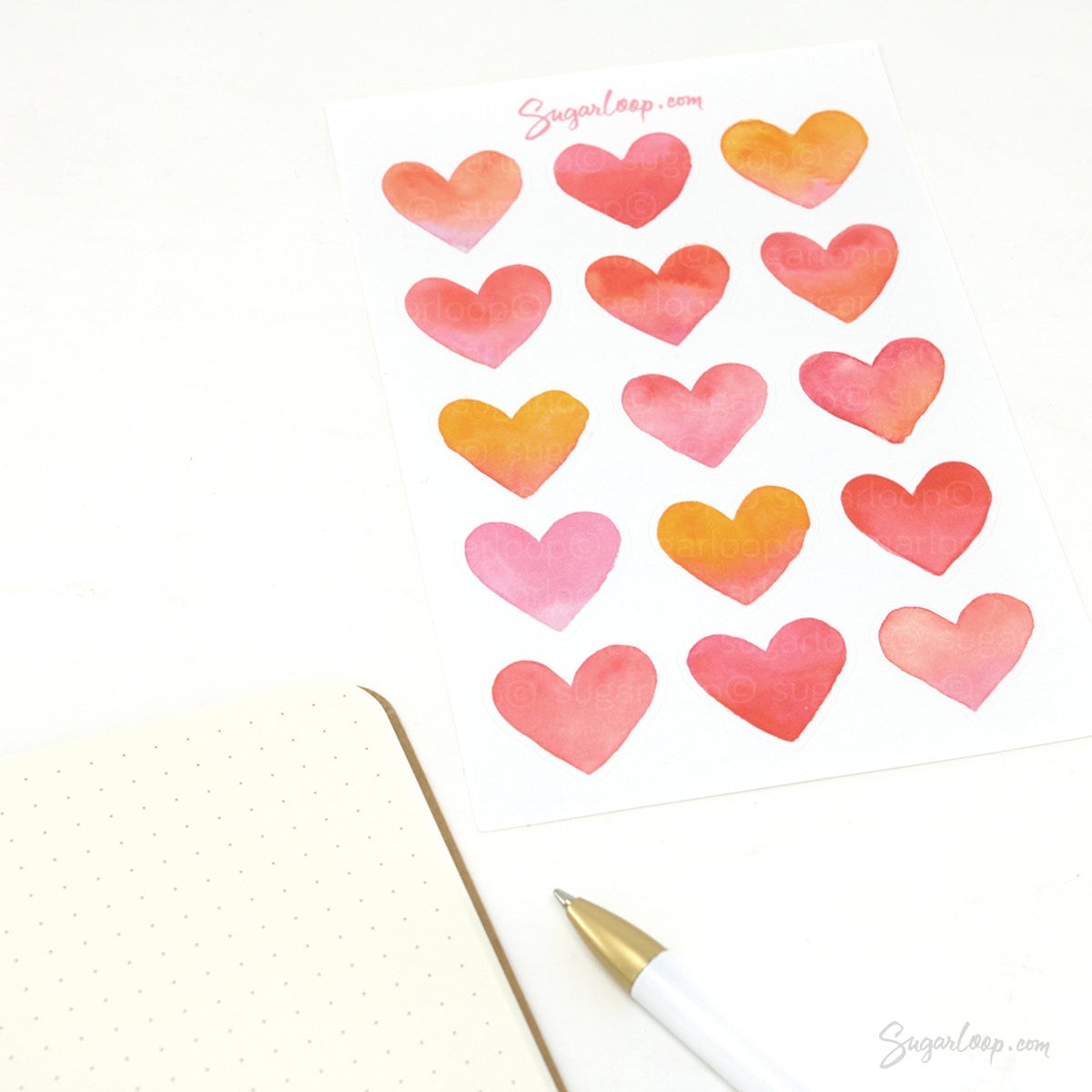 Watercolor Heart Bujo Planner Stickers: 1in (25mm) 0.75in (19mm) 0.5in (12mm) 0.25in (6mm)