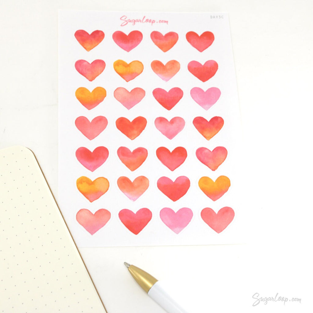 Watercolor Heart Bujo Planner Stickers: 1in (25mm) 0.75in (19mm) 0.5in (12mm) 0.25in (6mm)