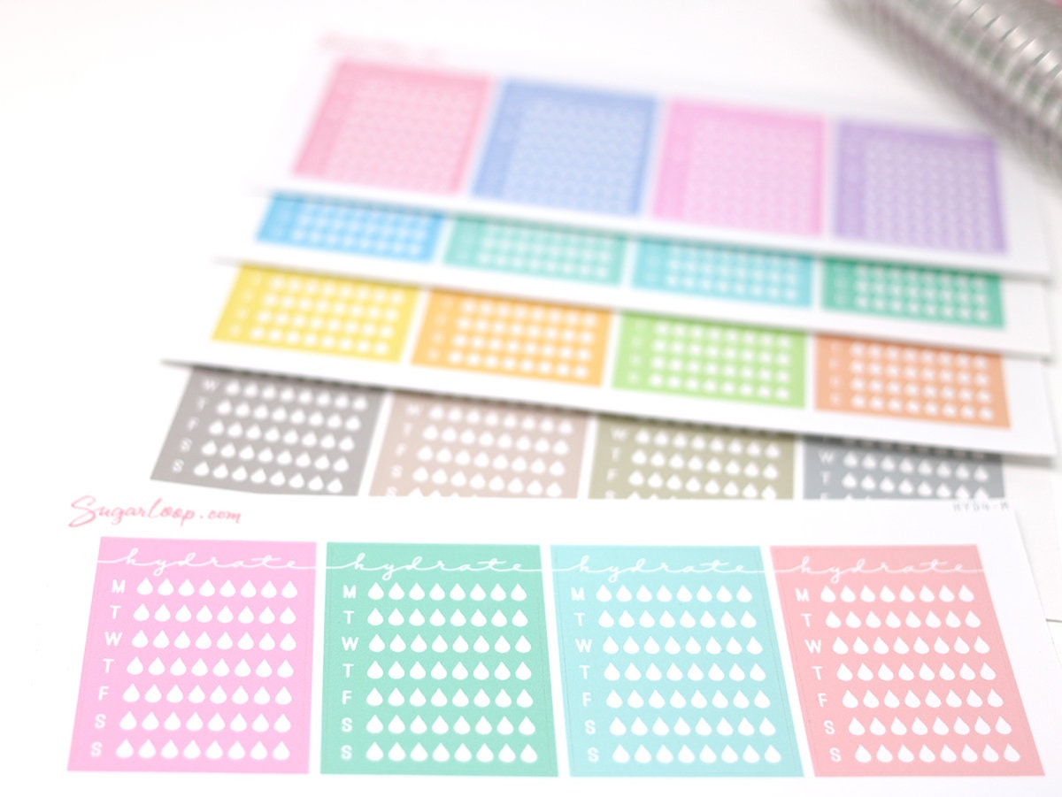 Weekly Water Hydration Habit Tracker Stickers for Planners and Journals