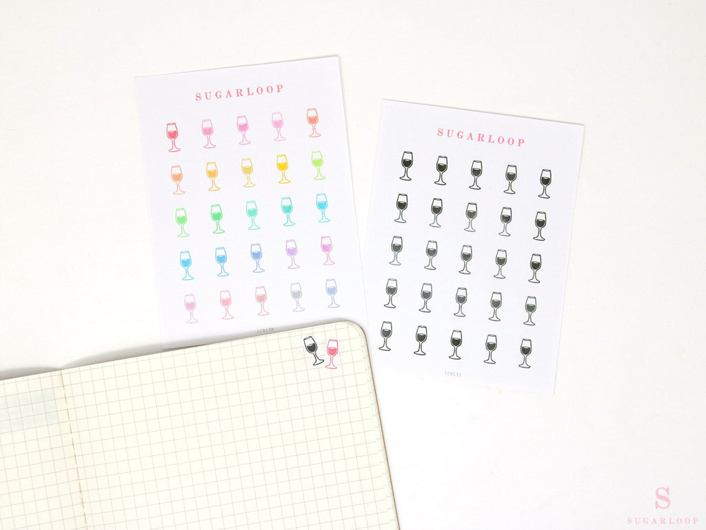 Wine Glass Icon Bujo Planner Stickers: Rainbow or Neutral