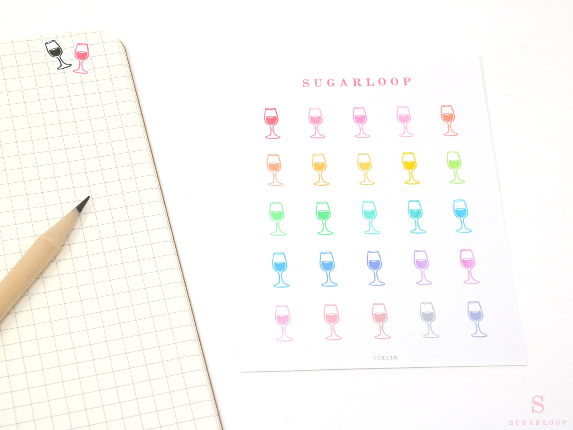 Wine Glass Icon Bujo Planner Stickers: Rainbow or Neutral