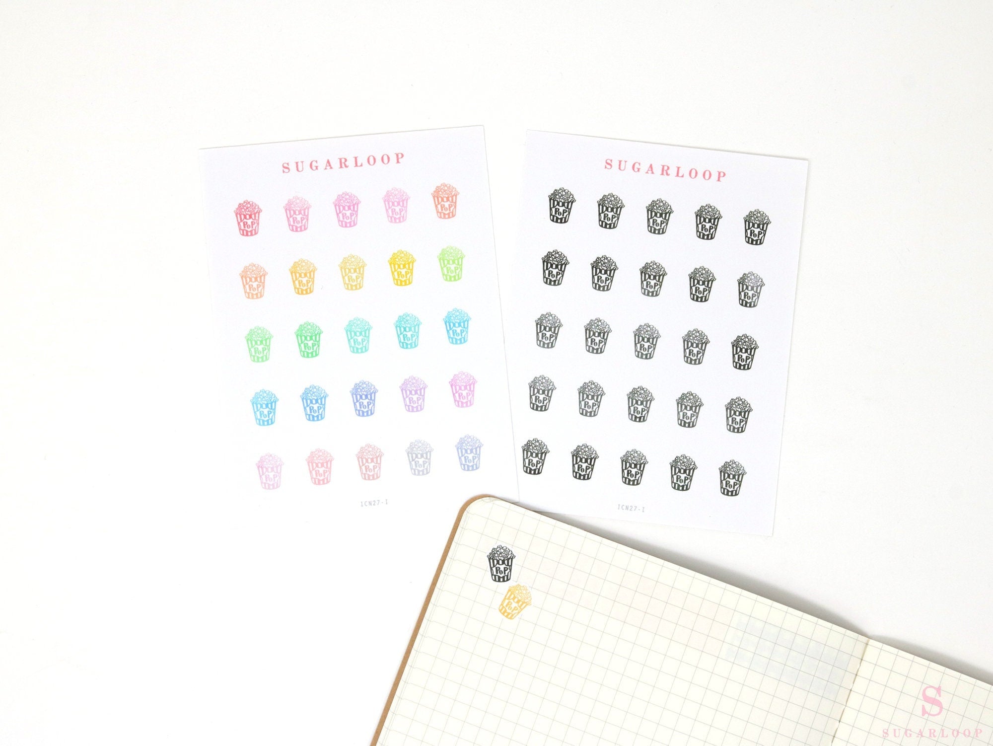 Popcorn Movie Streaming Icon Bujo Planner Stickers: Rainbow or Neutral