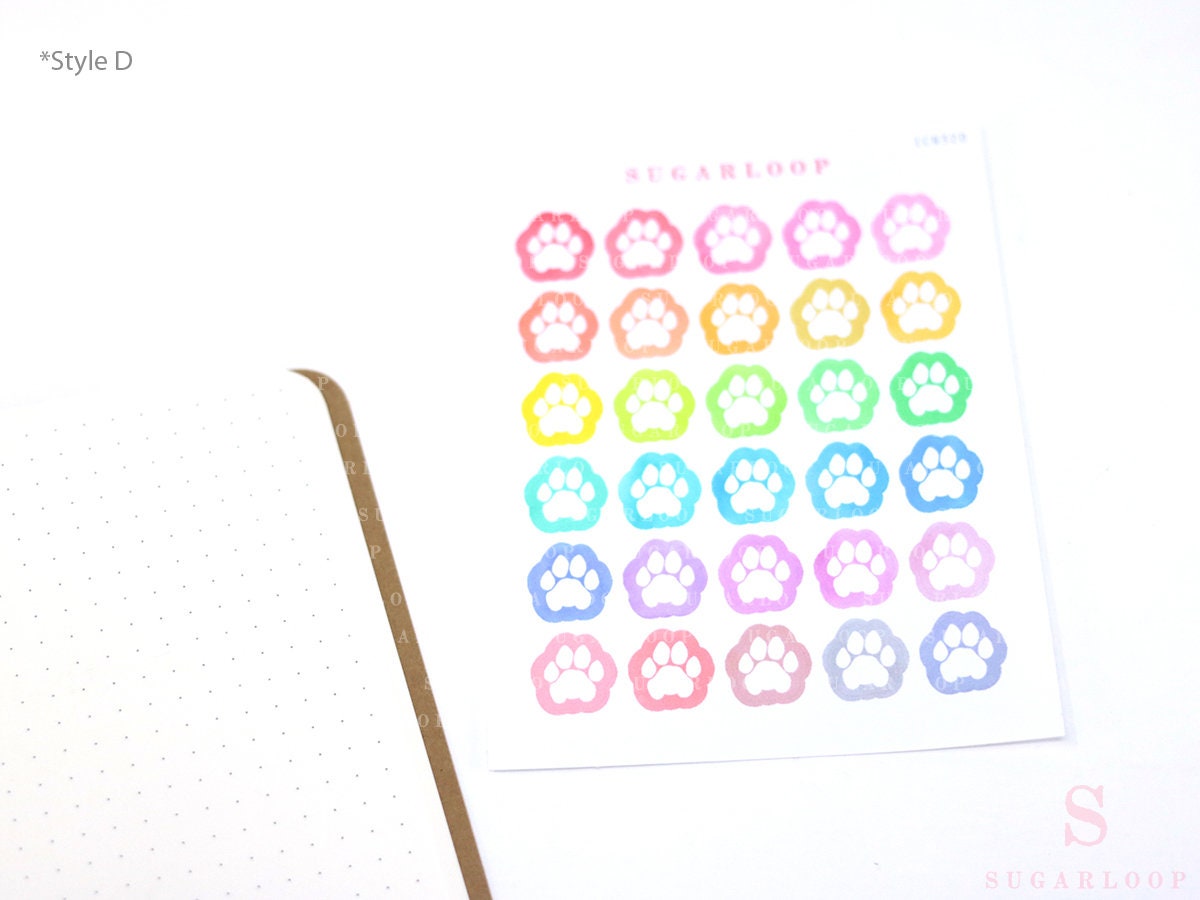 Cat & Dog Pet Paw Icons Stickers for Planners, Bujo & Journals: Rainbow