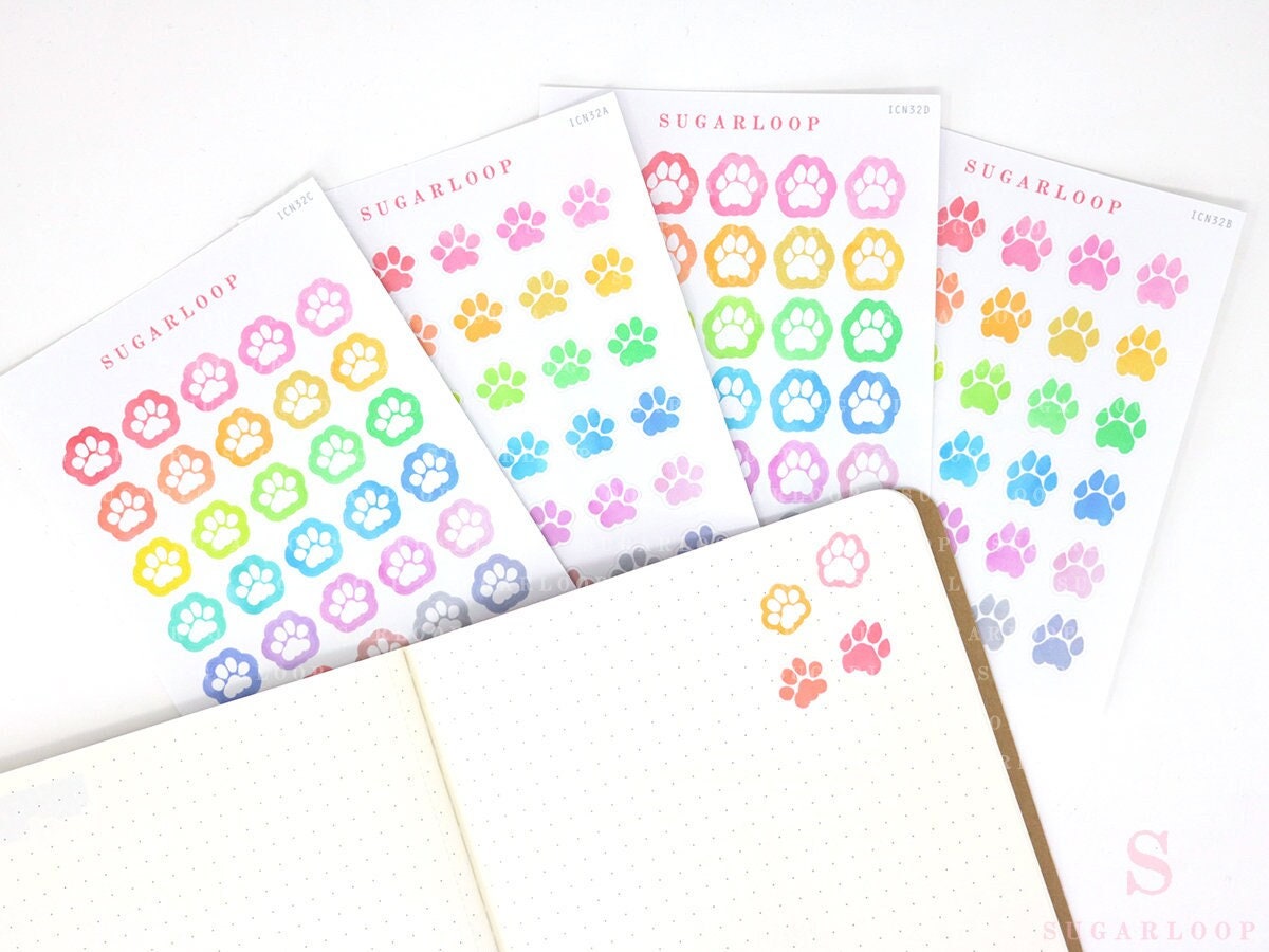 Cat & Dog Pet Paw Icons Stickers for Planners, Bujo & Journals: Rainbow