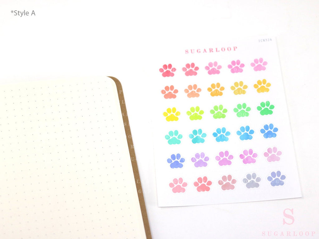 Cat & Dog Pet Paw Icons Stickers for Planners Bujo & Journals: Rainbow