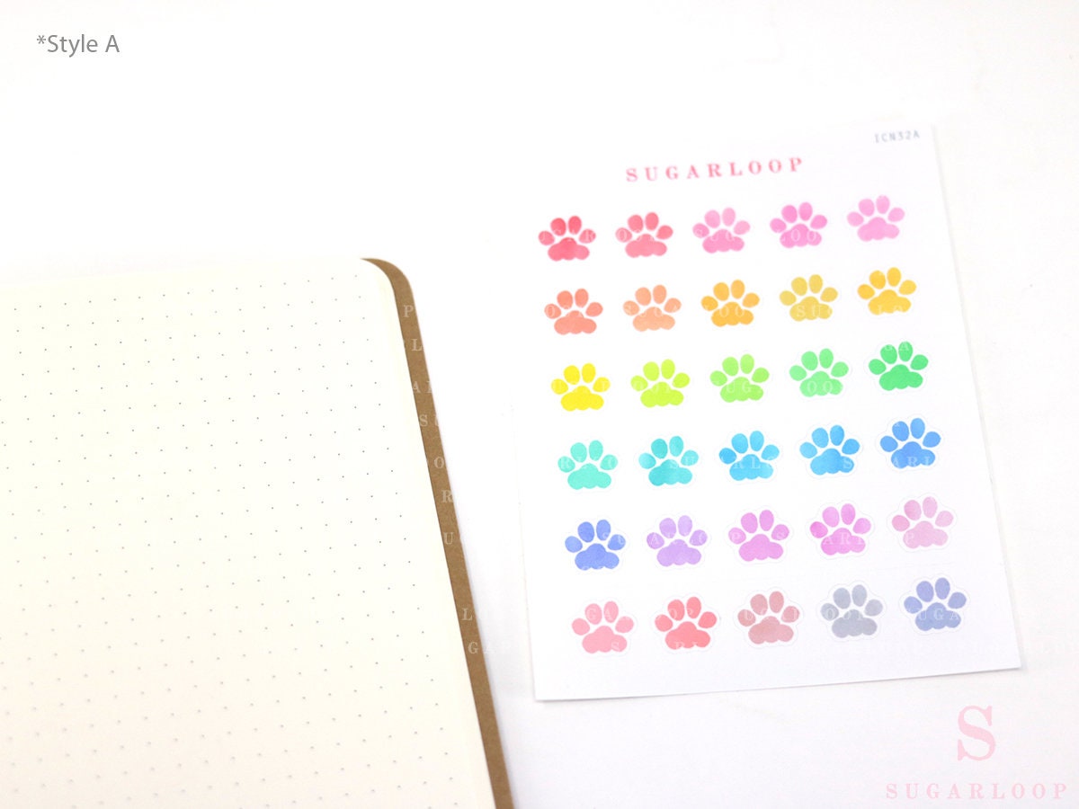 Cat & Dog Pet Paw Icons Stickers for Planners, Bujo & Journals: Rainbow