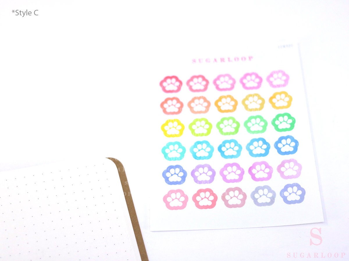 Cat & Dog Pet Paw Icons Stickers for Planners, Bujo & Journals: Rainbow
