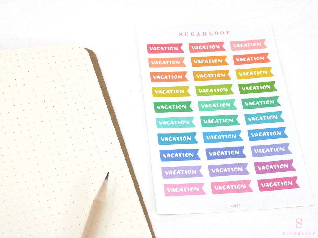 Vacation Vacay Brush Script Hand Lettered Banner Flag Bujo Planner Stickers: Rainbow