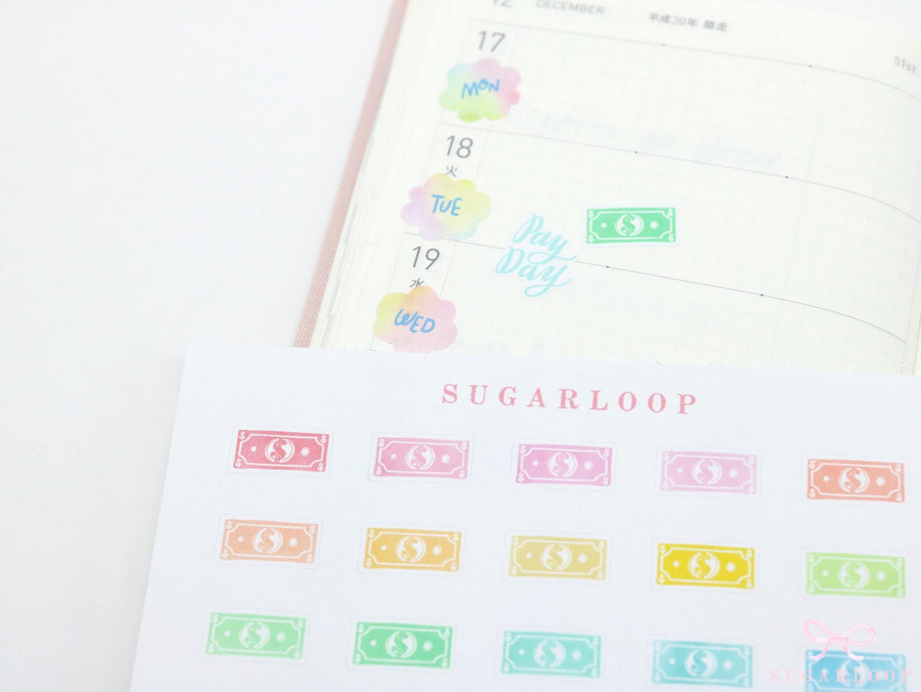 Pay Day Dollar Bill  Icon Planner & Journal Stickers: Rainbow or Neutral