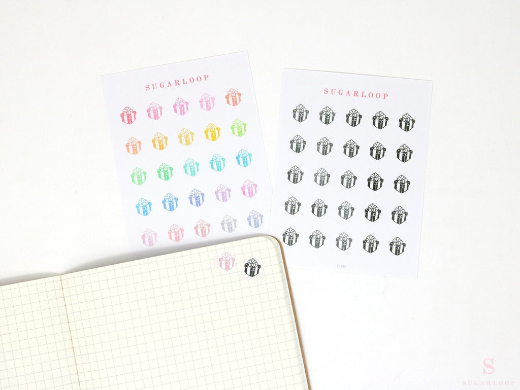 Gift Present Icon Bujo Planner Stickers: Rainbow or Neutral