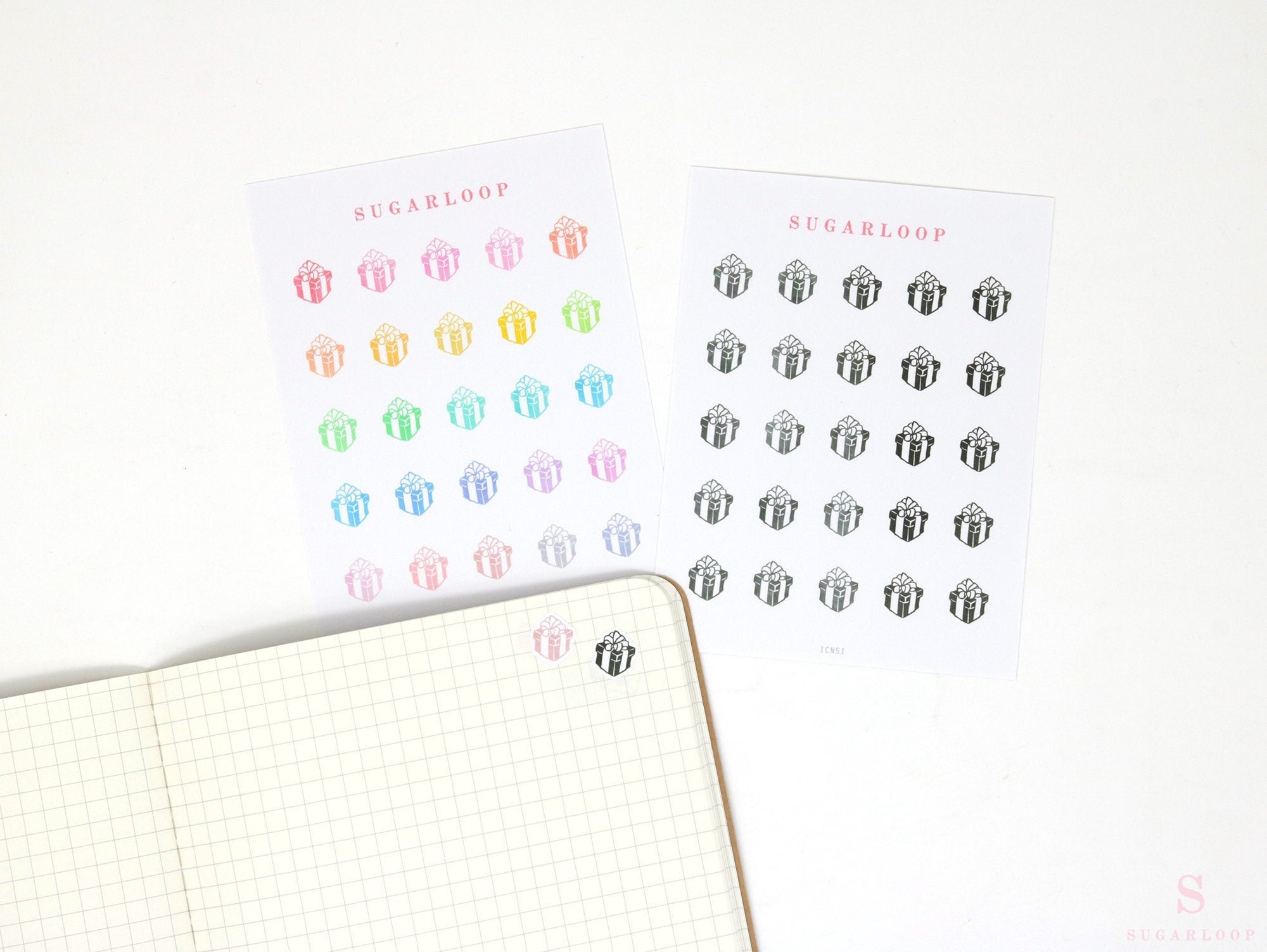 Gift Present Icon Bujo Planner Stickers: Rainbow or Neutral