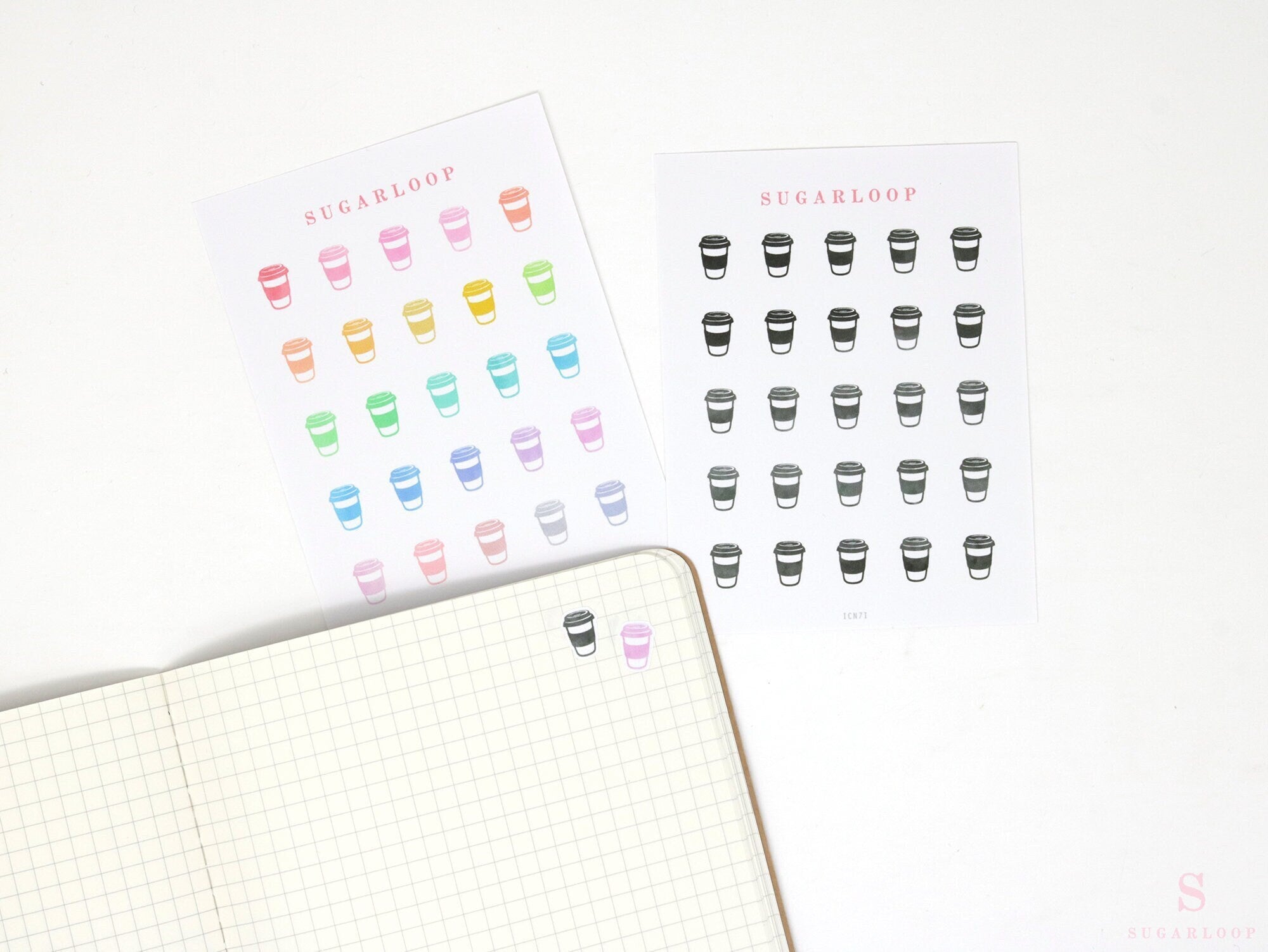 Coffee Icon Bujo Planner Stickers: Rainbow or Neutral