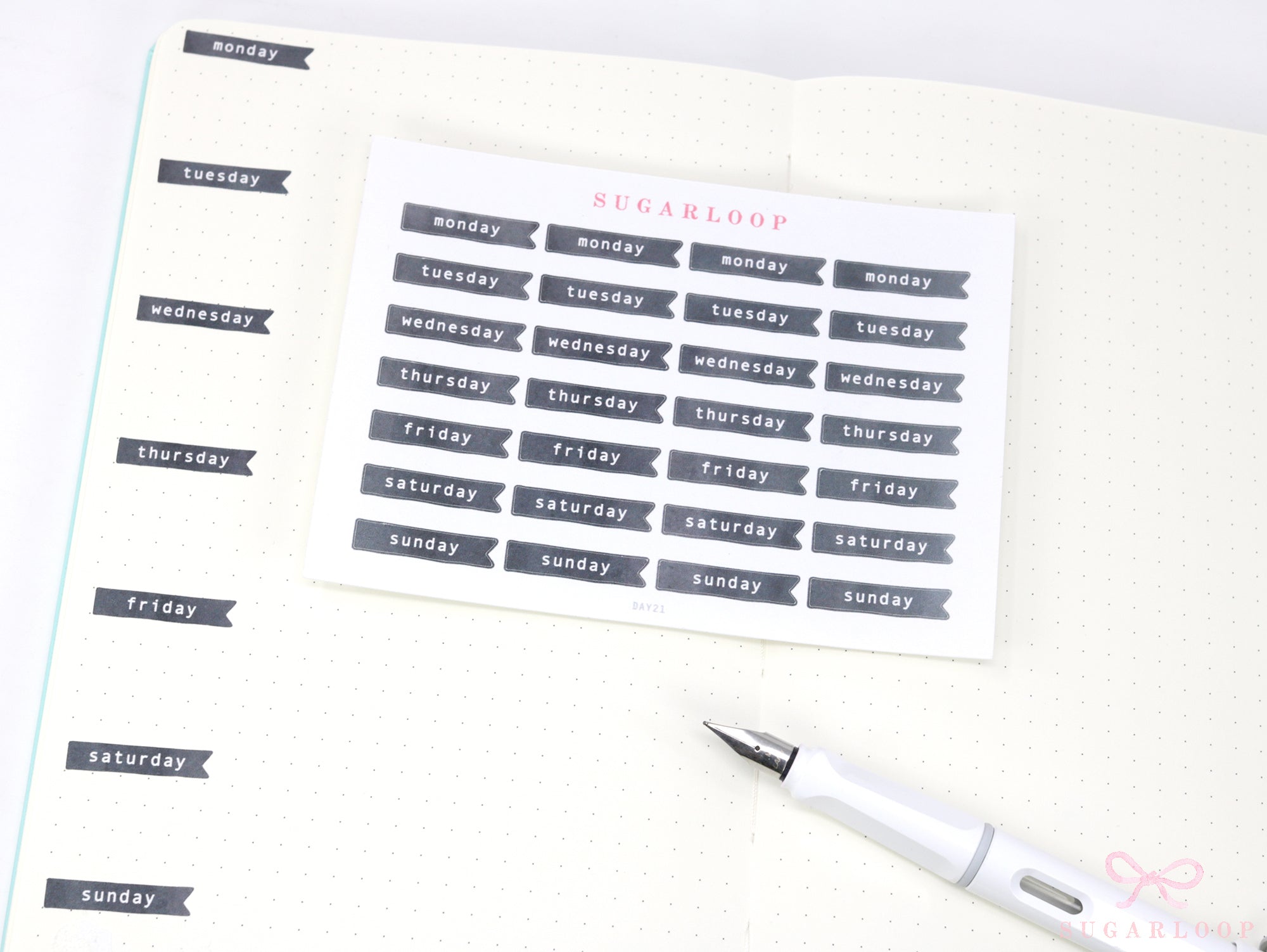 Ink Wash Days of The Week Flag Bujo Planner Stickers: 1 inch (24 mm) DIY Calendar and Diary