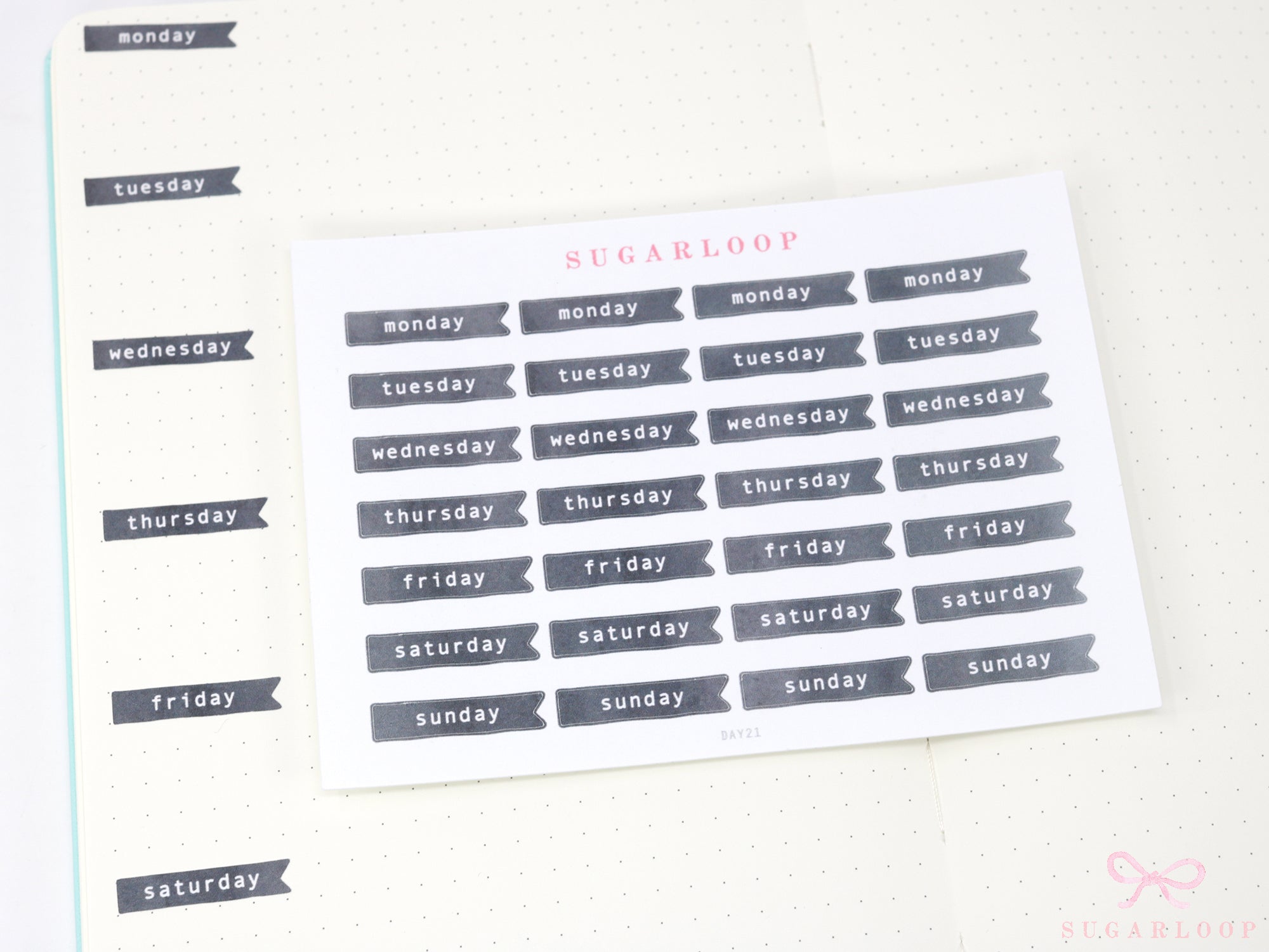 Ink Wash Days of The Week Flag Bujo Planner Stickers: 1 inch (24 mm) DIY Calendar and Diary