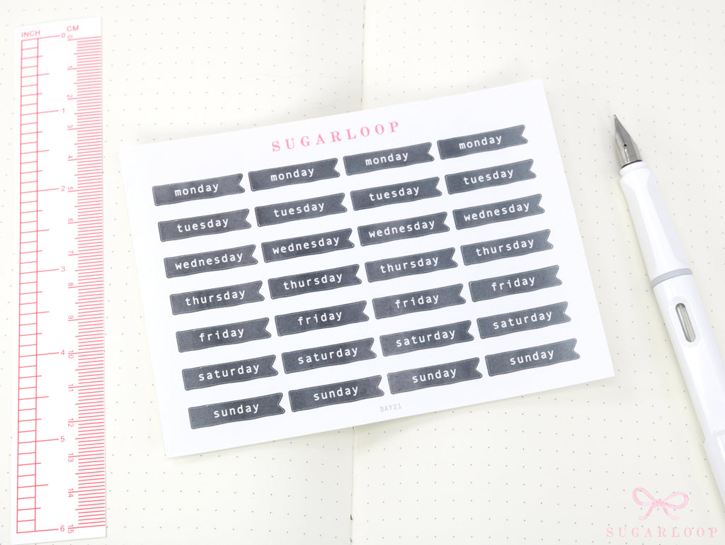 Ink Wash Days of The Week Flag Bujo Planner Stickers: 1 inch (24 mm) DIY Calendar and Diary