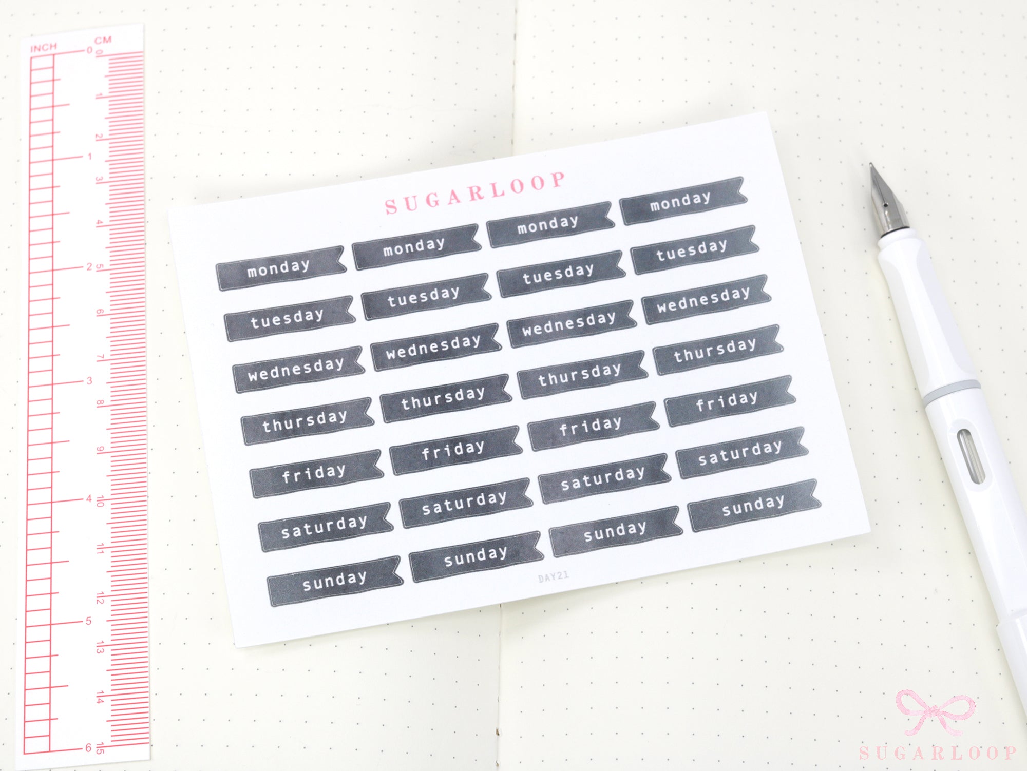 Ink Wash Days of The Week Flag Bujo Planner Stickers: 1 inch (24 mm) DIY Calendar and Diary