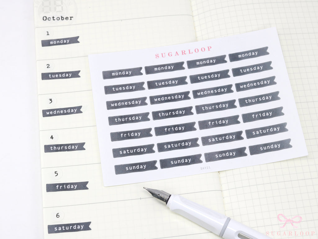 Ink Wash Days of The Week Flag Bujo Planner Stickers: 1 inch (24 mm) DIY Calendar and Diary