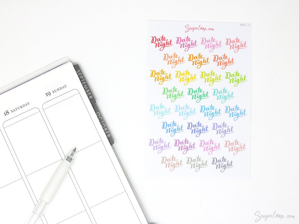 Rainbow Date Night Script Icon Stickers – Bujo & Planner Stickers for Journaling and Planning