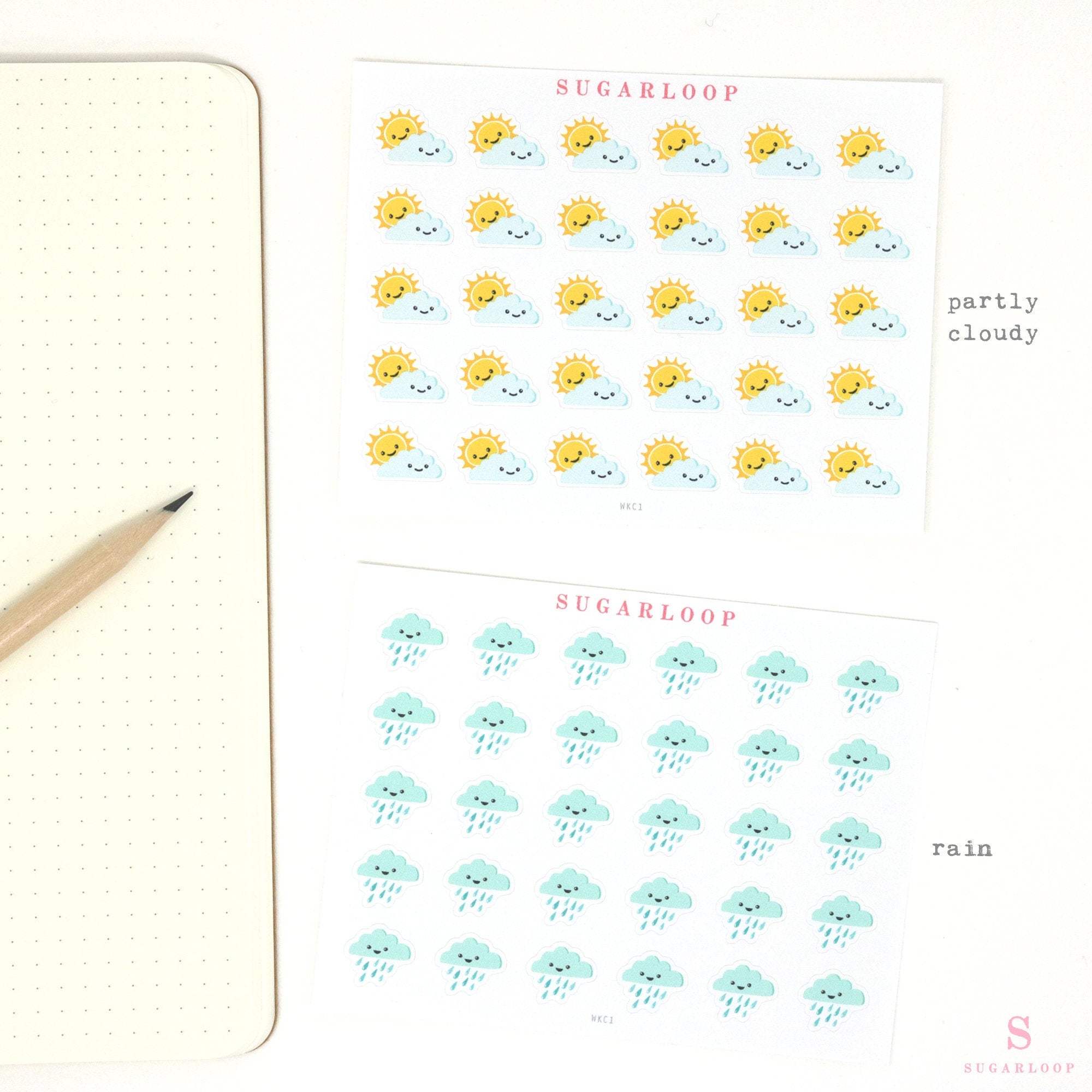 Kawaii Weather Icon Bujo Planner Stickers: approx 0.5 in (6 mm)