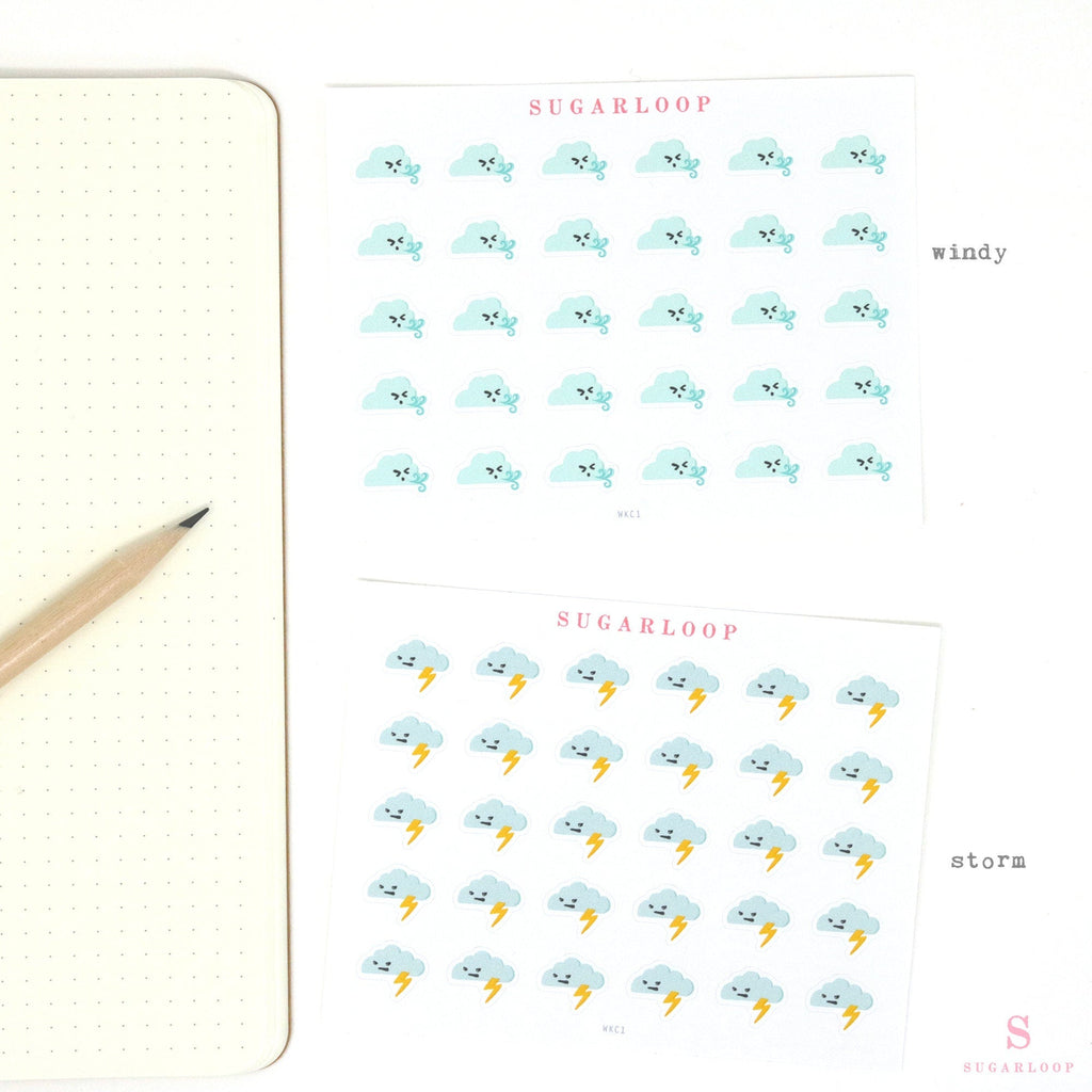 Kawaii Weather Icon Bujo Planner Stickers: approx 0.5 in (6 mm)