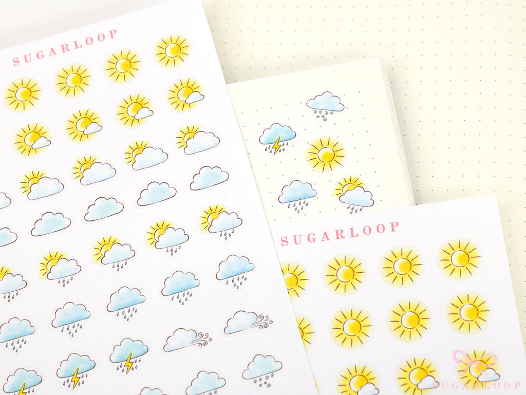 Watercolor Weather Planner and Journal Stickers: Hand Drawn Tracker Icons