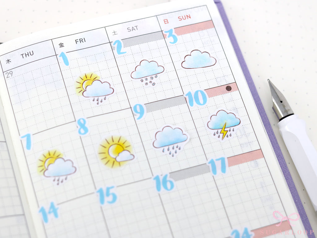 Watercolor Weather Planner and Journal Stickers: Hand Drawn Tracker Icons