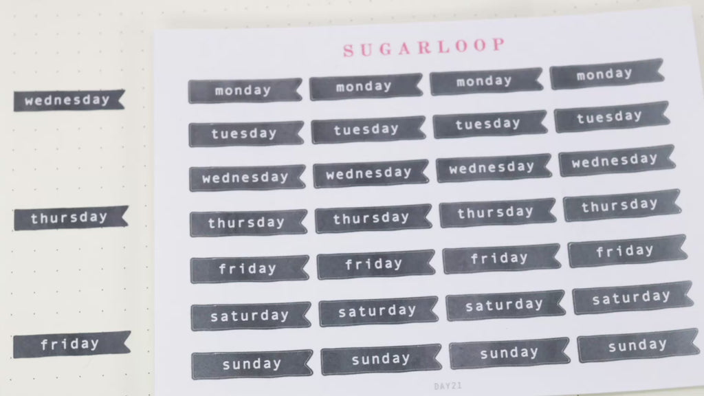 Ink Wash Days of The Week Flag Bujo Planner Stickers: 1 inch (24 mm) DIY Calendar and Diary